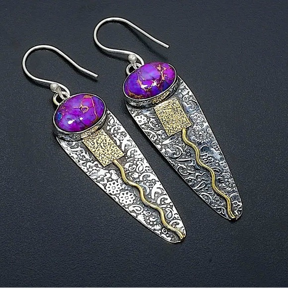 Silver Vintage Handmade Boho Purple Stone Geometric Irregular Dangle Earrings - Picture 6 of 6